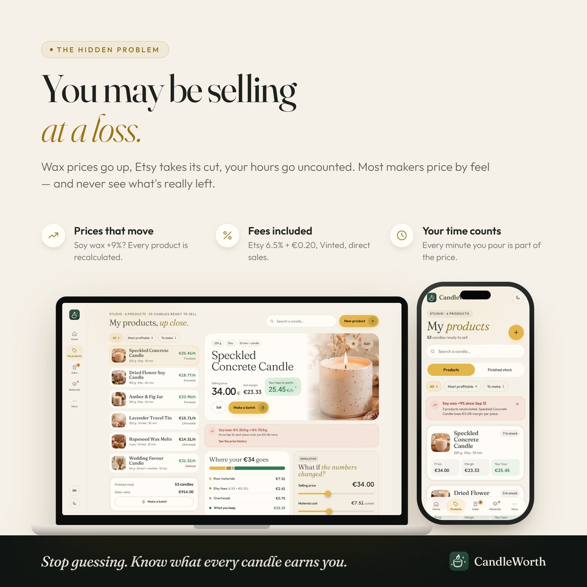 Frais Etsy bougie : ce qu'il reste après frais, visualisé dans l'app CandleWorth