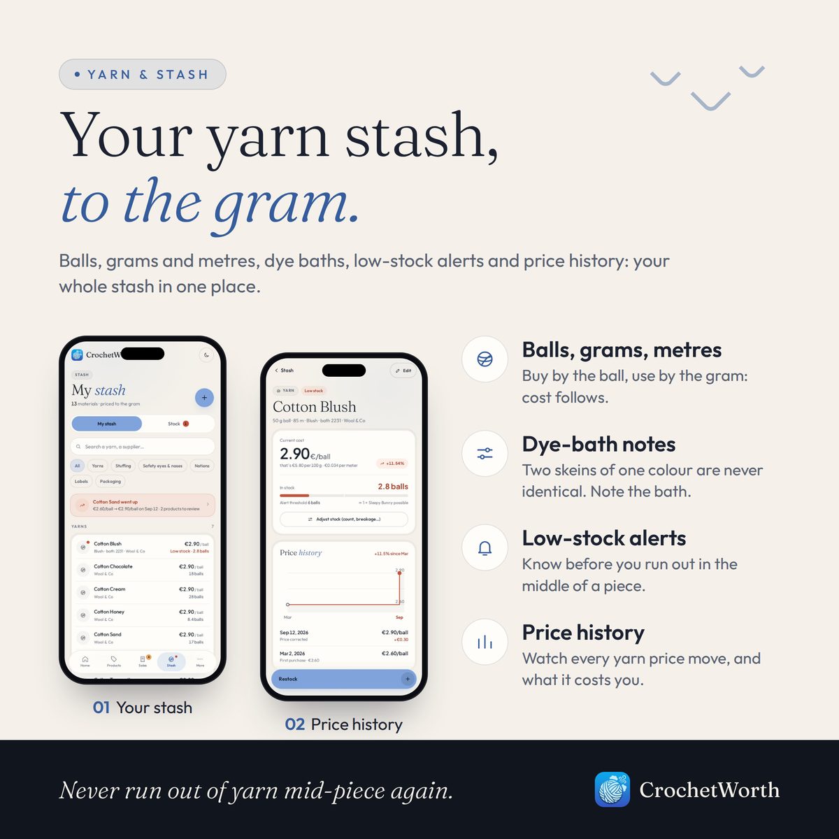 Stock laine crochet géré au gramme dans l'app CrochetWorth : pelotes, bains de teinture et alertes